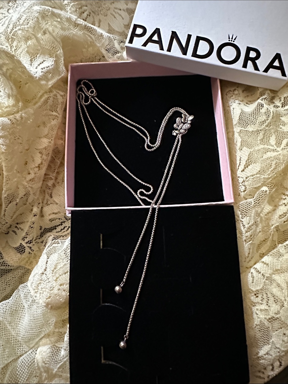 Pandora Silver Lariat Necklace with Floral Charm - Silver.  Butterfly
